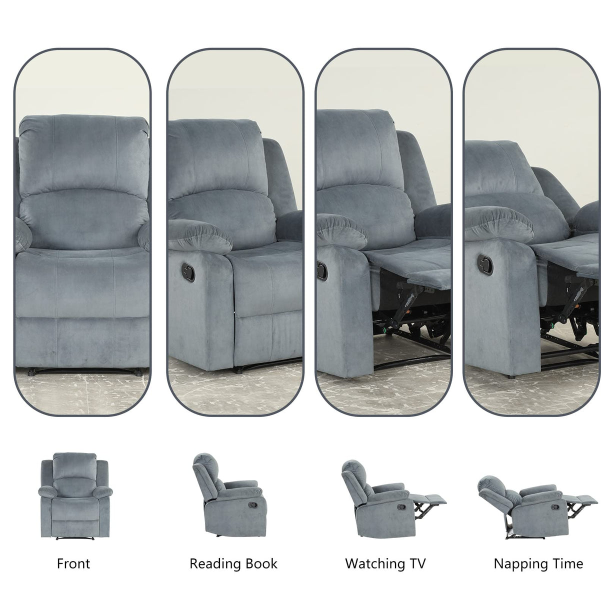 CANMOV Manual Recliner Chair, Soft Fabric Overstuffed Recliner Single Sofa Chair for Living Room, Heavy Duty and Safety Reclining Mechanism (Blue Grey) CANMOV