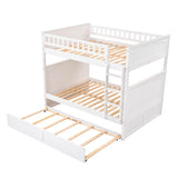 Ball & Cast Full Over Full Bunk Bed with Twin-Size Trundle,Pine Wood Bunkbed w/Stairway and Full-Length Guardrails,Into 2 Individual Beds,Slat Support,Bedframe Furniture for Student Dorms,White Ball & Cast