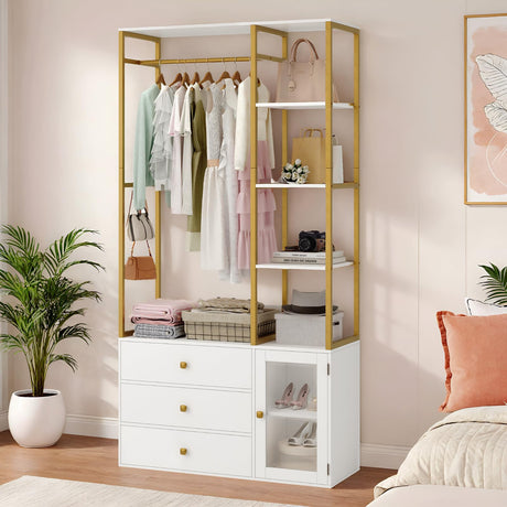 BOTLOG Closet System Organizer, 81.3” H Wardrobe Closet with 3 Wooden Drawers, Clothes Rack with Hanging Rods, 4 Tiers Shelves, Metal Frame, White and Gold BOTLOG