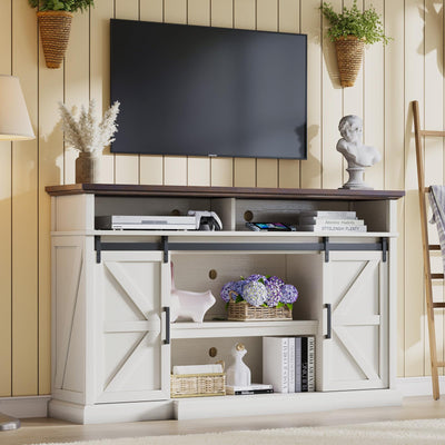 LUXOAK 66" Farmhouse TV Stand for 75 Inch TVs, 40" Tall Entertainment Centere with Sliding Barn Doors, Rustic Media Console Table Storage Cabinet with Adjustable Shelves, Living Room, Antique White