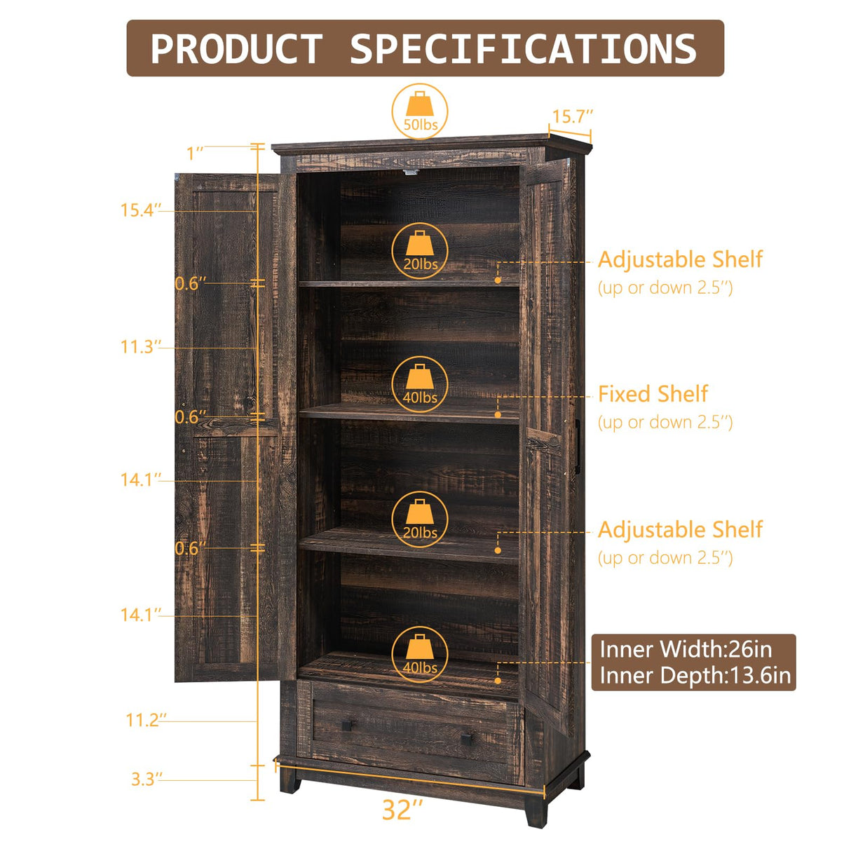 LUXOAK Farmhouse Kitchen Pantry Cabinet, 72" Tall Storage Cabinet with Adjustable Shelves & Barn Doors, Freestanding Kitchen Cupboard for Dining Room, Living Room, Dark Rustic Oak LUXOAK