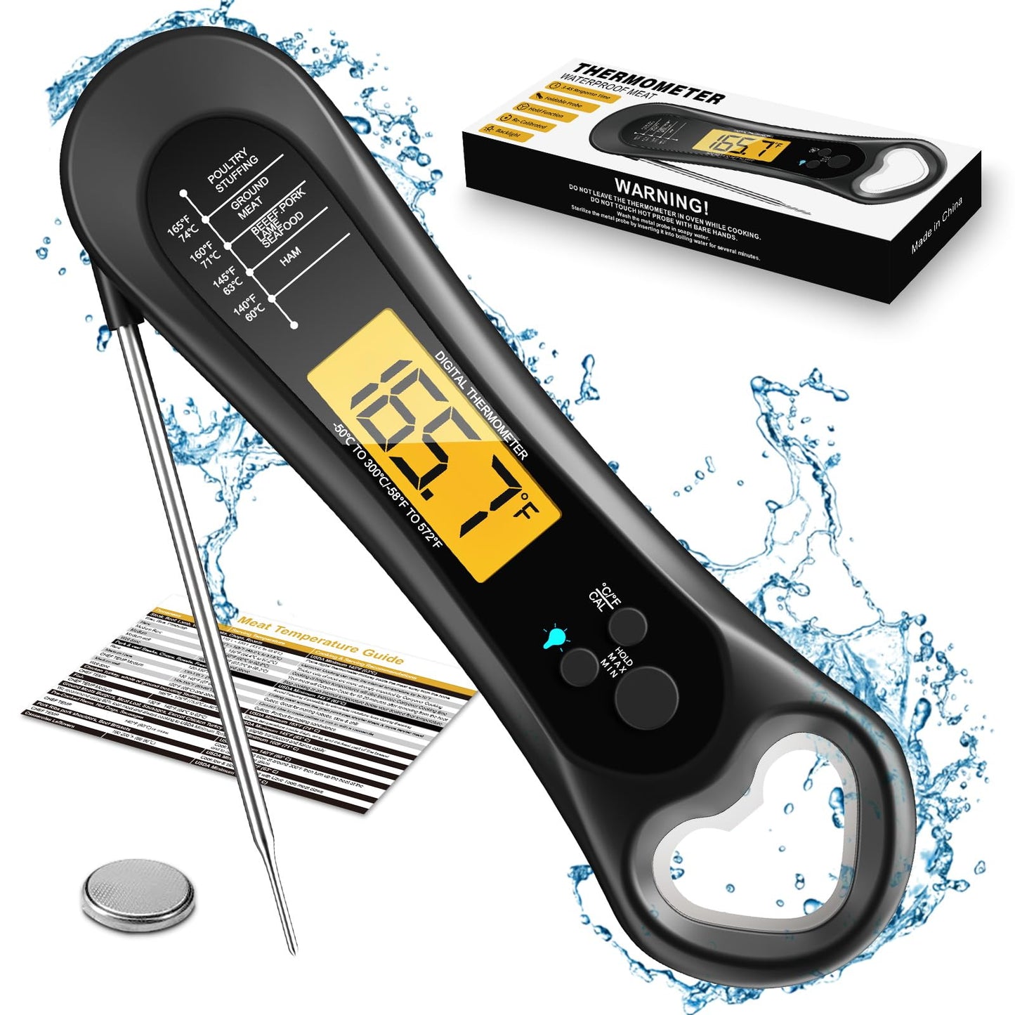 Digital Meat Thermometer for Cooking, Wireless, Instant Read, Waterproof, Backlight, Ultra-Fast Accurate & 180°Foldaway Probe, Idea for Turkey/Grilling