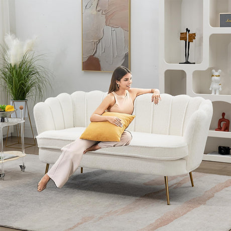 Modern Boucle Loveseat Couch,Futon Small Sofa with Gold Metal Legs ,2-Seater Upholstered Mini Sofa Couches for Small Space,Living Room Bedroom Office Dorm Studio Apartment Love Seat Couche(White) Gustonhon