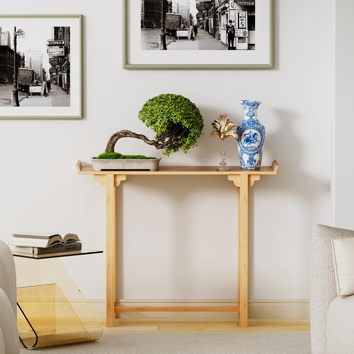 Magshion Console Table, for Hallway, Living Room, Modern Bamboo Gold Rectangle Coffee Table, Side Table, Entryway Table, Decorative Offering Table for Home Magshion