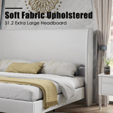 PaPaJet King Platform Bed Frame 51.2" High Headboard Tall Upholstered Bed/No Box Spring Required/Wood Slat Support/Easy Assembly White PaPaJet