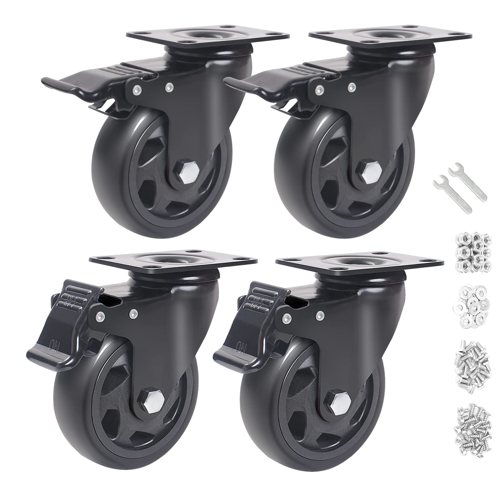 4 Inch Caster Wheels 2000lbs,Casters Set of 4,Heavy Duty Plate Casters with Double Ball Bearings,YAEMIKY Premium Polyurethane Swivel Caster Wheels for Cart,Furniture,Workbench（16pcs Screws In - WoodArtSupply