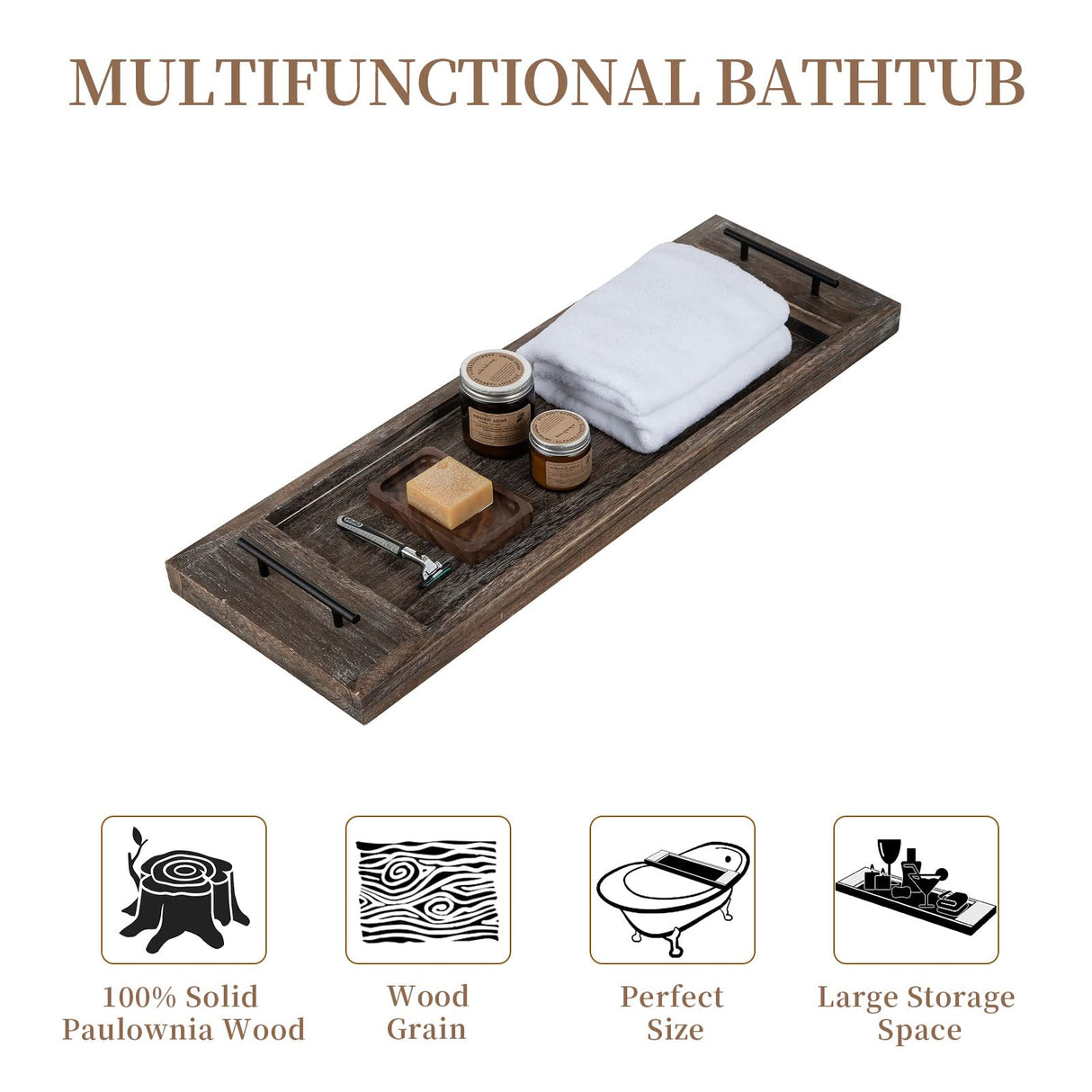 Hanobe Bathtub Tray Bath Caddy: Wood Tub Trays Table Extra Large Rustic Bathtub Shelf Across Tub Wooden Serving Tray with Handles for Bathroom, 31" Hanobe