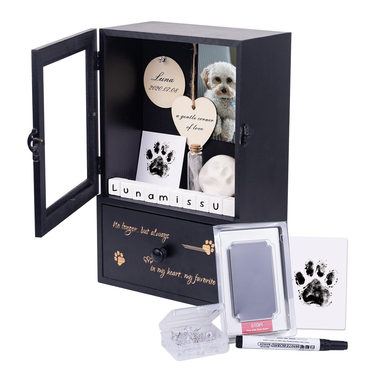 Pet Memorial Shadow Box 9"x13.4" with Deep Drawer, Keepsake Kit and Paw Print Set – Sympathy Display Frame for Dog & Cat in Loving Memory DigNew