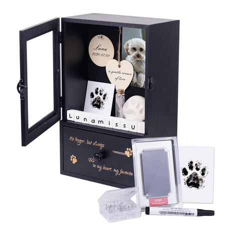 Pet Memorial Shadow Box 9"x13.4" with Deep Drawer, Keepsake Kit and Paw Print Set – Sympathy Display Frame for Dog & Cat in Loving Memory DigNew