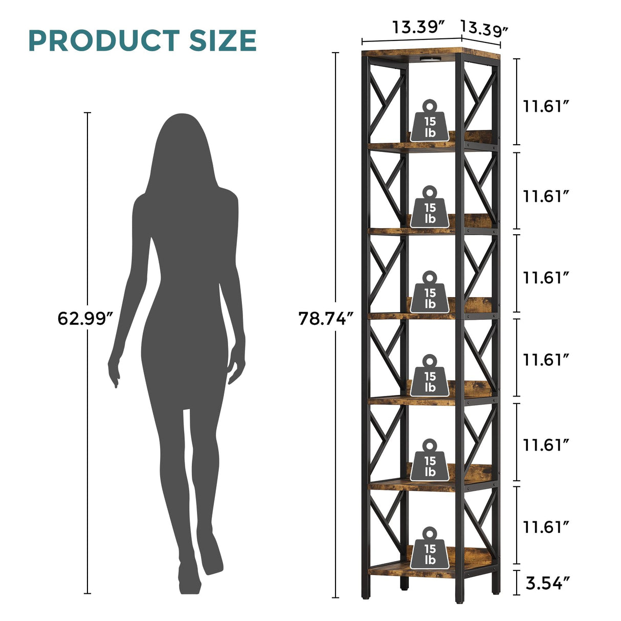 Condemo 78.7 Inch Extra Tall Narrow Bookshelf with LED Light, 7 Tier Skinny Bookcase for Small Space, Freestanding Display Corner Shelf, Modern Industrial Storage Organizer for Home Office, Brown Condemo