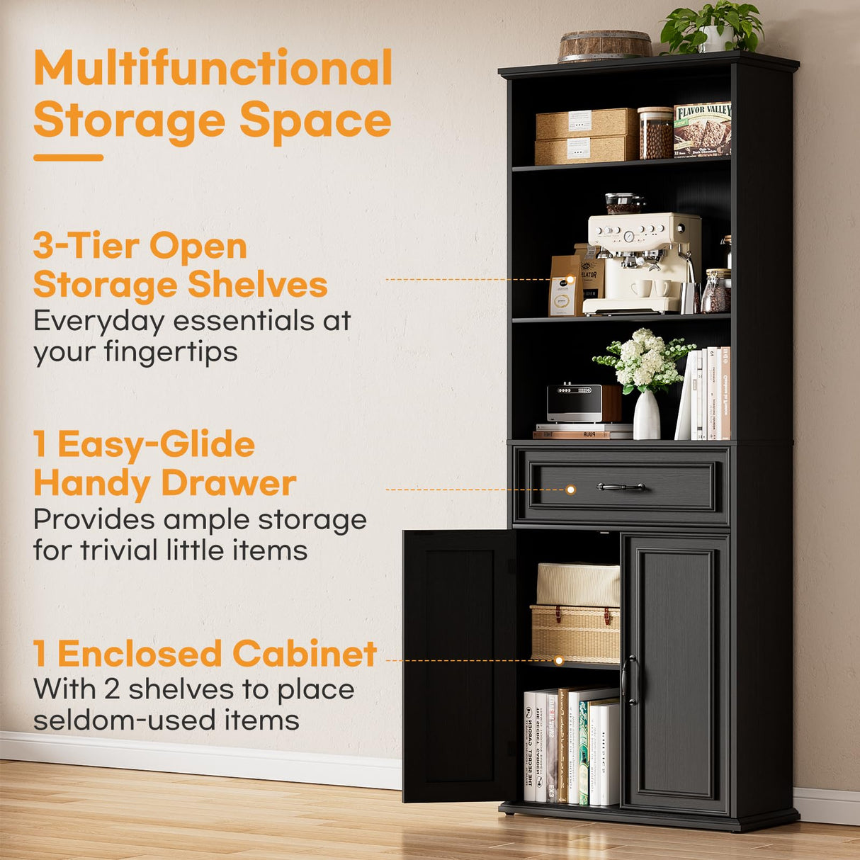 Cyclysio 80" Tall Bookcase, Farmhouse Bookshelves with Drawer and Doors, Floor Standing 6 Shelf Display Storage Cabinet for Home Office, Living Room (1, Black) Cyclysio