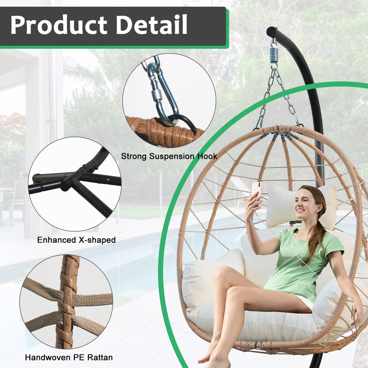 Egg Chair with Stand, Uv-Proof Pe Wicker Hanging Chair for Outdoor Patio, Cushioned Hammock Swing for Bedroom Garden Indoor/Outdoor, Double-Zipper Structure Hanging Egg Chair (Yellow and White) VERASCOT