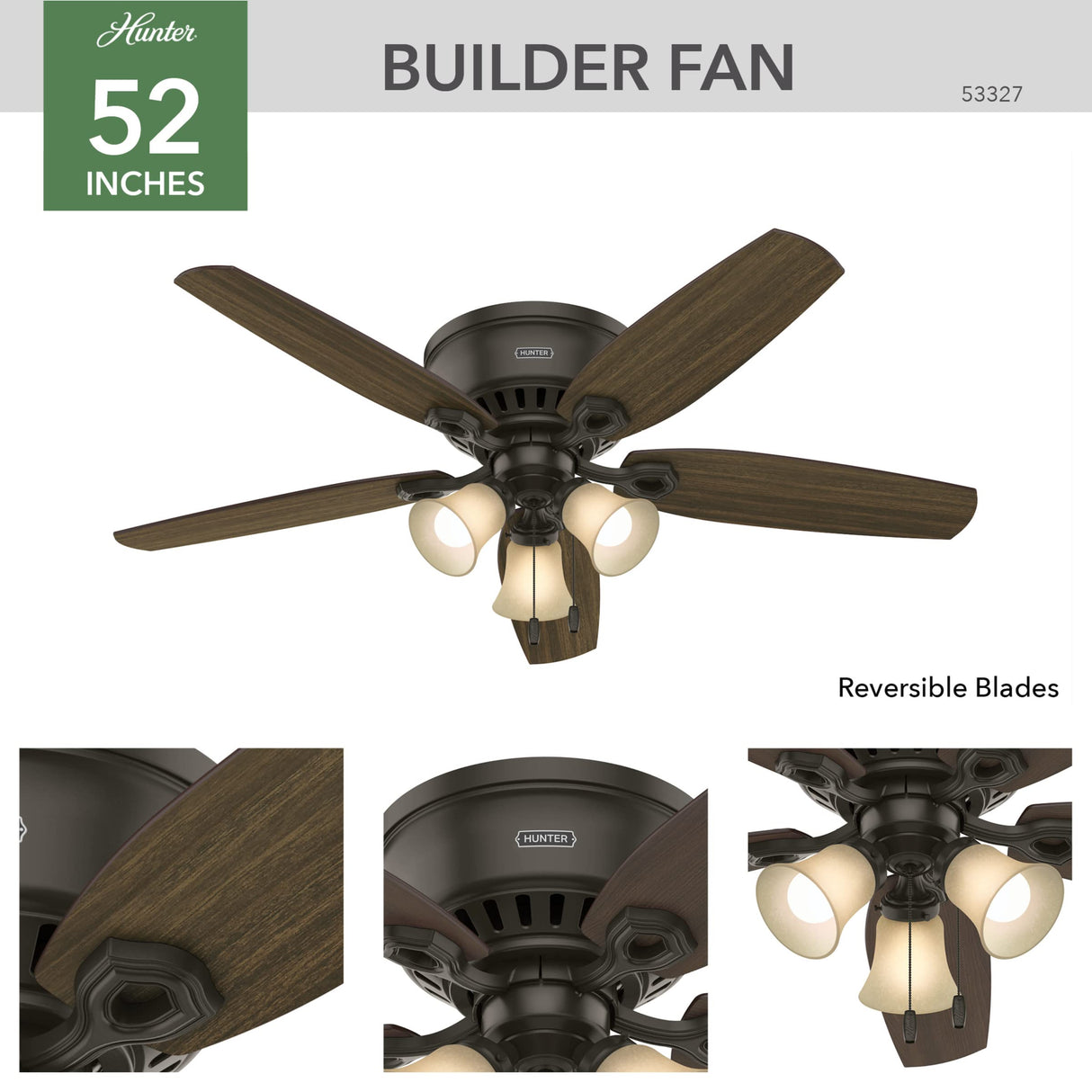 Hunter Fan Company Indoor 53327 52" Builder Low Profile Ceiling Fan with Light, 52 inch, New Bronze finish Hunter