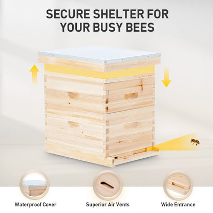 CREWORKS Bee Hive Boxes 10 Frame Langstroth Beehive, Bee Keeping Starter Kit Includes 1 Super Bee Box & 1 Bee Brood Box with Beehive Frames and Foundation, 2 Layers Complete Bee Hive Kit