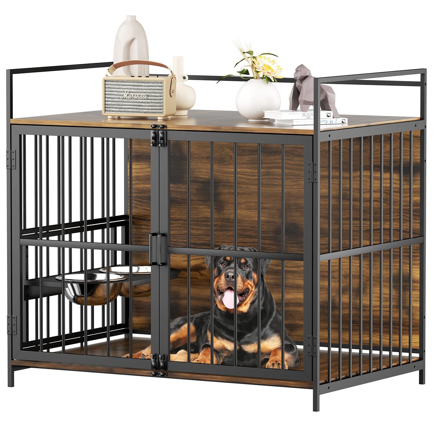 ROOMTEC Dog Crate Furniture-Style Cages for Large Dogs Indoor Heavy Duty Super Sturdy Dog Kennels with 2 Stainless Steel Bowls (48Inch = Int.dims: 46" W x 29" D x 35.5" H)