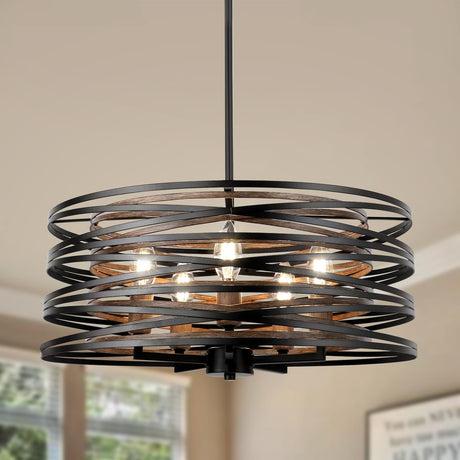 WBinDX 5-Light Drum Chandelier, 18.9'' Black Faux Wood Metal Farmhouse Dining Room Light Fixture, Rustic Industrial Retro Hanging Round Chandeliers for Kitchen Table Foyer Entryway Living Room WBinDX