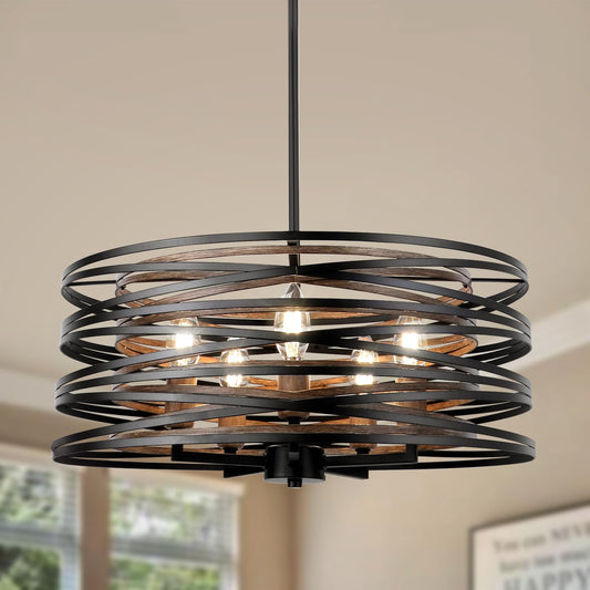 WBinDX 5-Light Drum Chandelier, 18.9'' Black Faux Wood Metal Farmhouse Dining Room Light Fixture, Rustic Industrial Retro Hanging Round Chandeliers for Kitchen Table Foyer Entryway Living Room