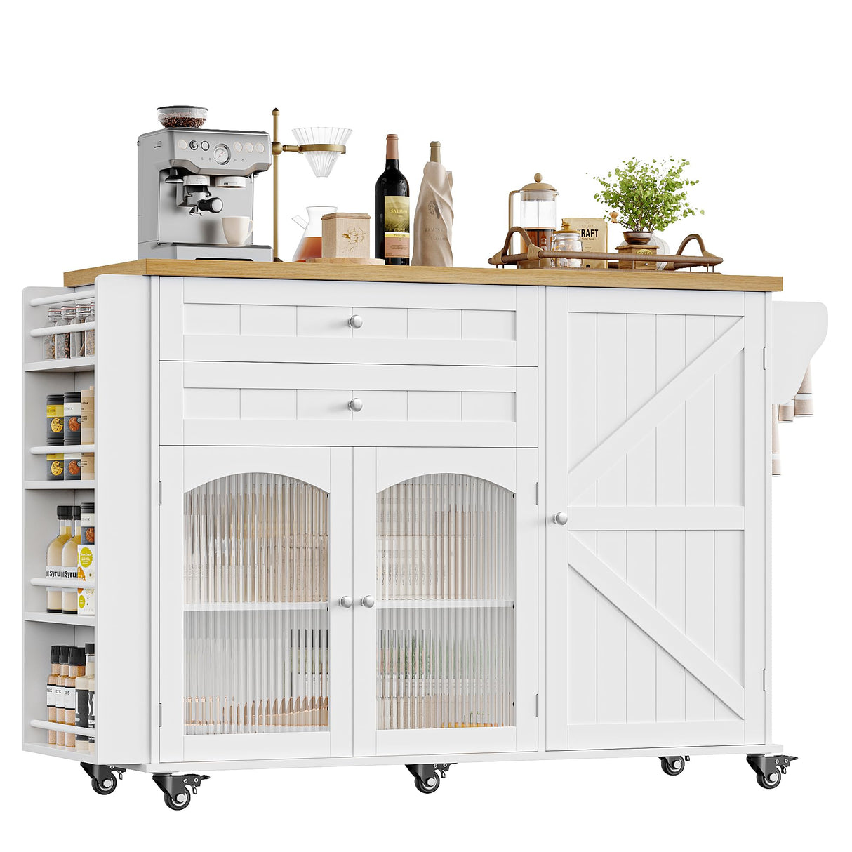 FINETONES Kitchen Island with Storage, Rolling Kitchen Island on Wheels with Wood Drop Leaf Countertop, Island Table Bar Cart with Spice Towel Rack Portable Kitchen Table Kitchen Carts on Wheels FINETONES