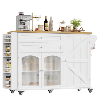 FINETONES Kitchen Island with Storage, Rolling Kitchen Island on Wheels with Wood Drop Leaf Countertop, Island Table Bar Cart with Spice Towel Rack Portable Kitchen Table Kitchen Carts on Wheels