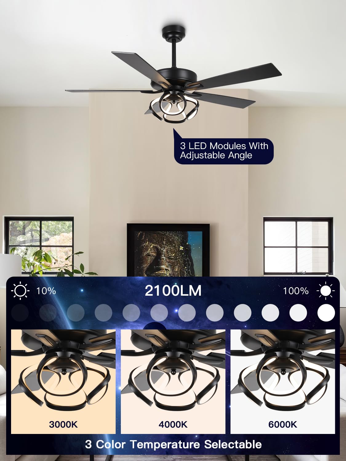 ACEROCK 52 Inch Ceiling Fan with Light, Galaxy-Inspired Design, Reversible Blades, 2100 Lumens LED, Premium 304 Stainless Steel Body, Ultra-Quiet DC Motor, High Airflow (Black) ACEROCK