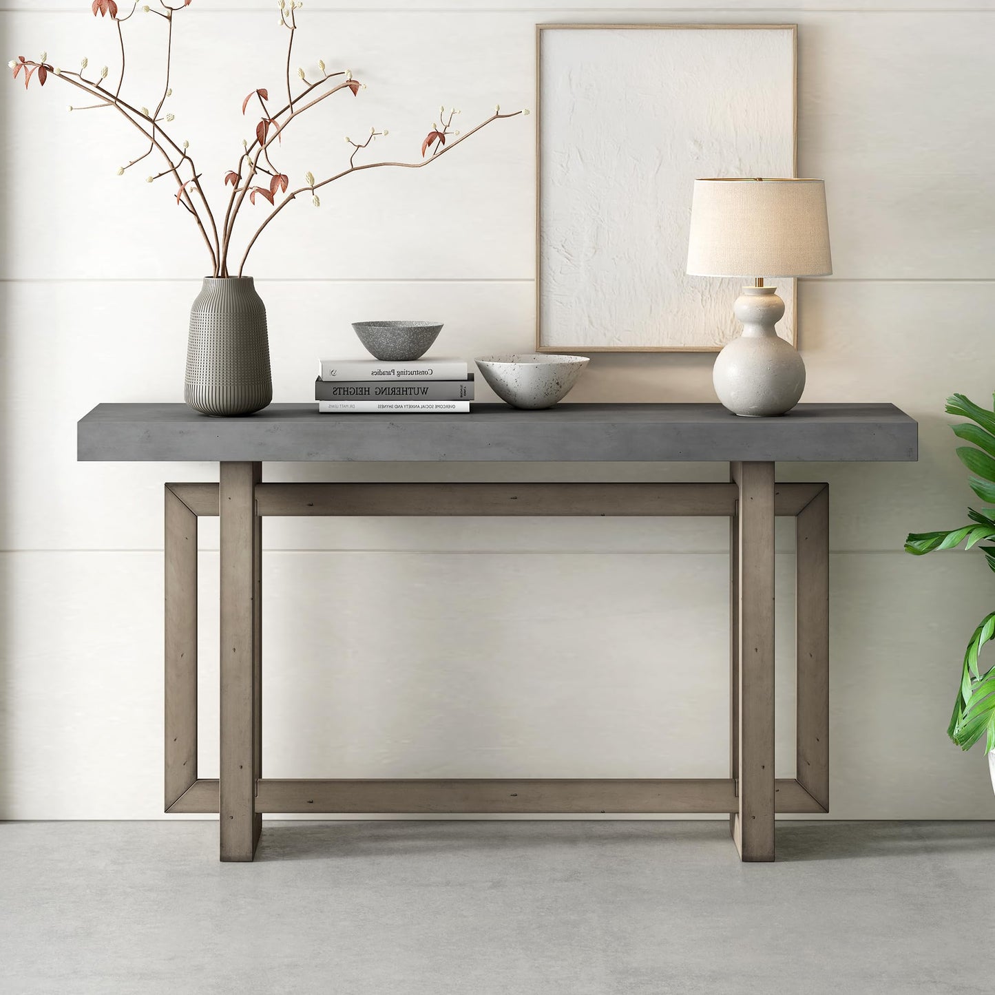 Merax Wood Entryway Console Table, Modern Line Frame with Industrial Concrete Top, for Living Room/Hallway/Foyer, Grey - WoodArtSupply