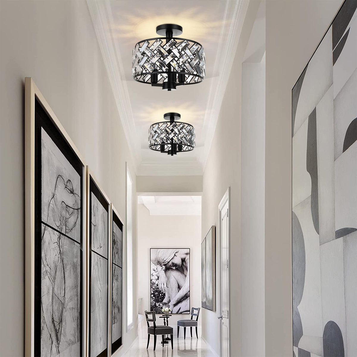 Frideko Home Semi Flush Mount 3-Light Crystal Ceiling Light - Black Kitchen, Bedroom, Hallway, Living Room, Dining Room Light Fixture FRIDEKO HOME