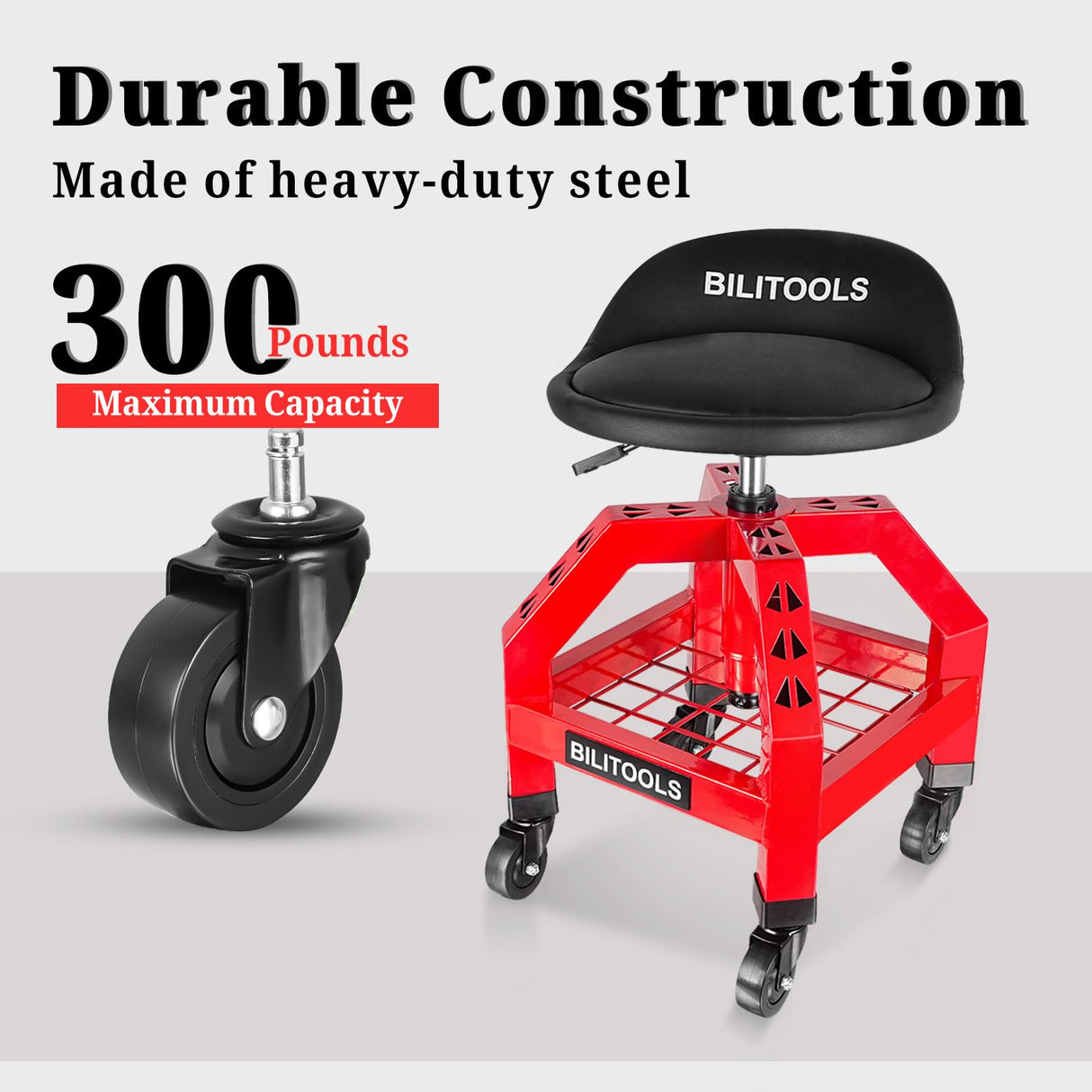 BILITOOLS Rolling Shop Stools with Wheels, Adjustable Garage Mechanic Stool 16" Oversized Seat & Backrest, 300 LBS Shop Chair for Garage with Wheels Heavy-Duty 360° Swivel Tool Tray Storage BILITOOLS