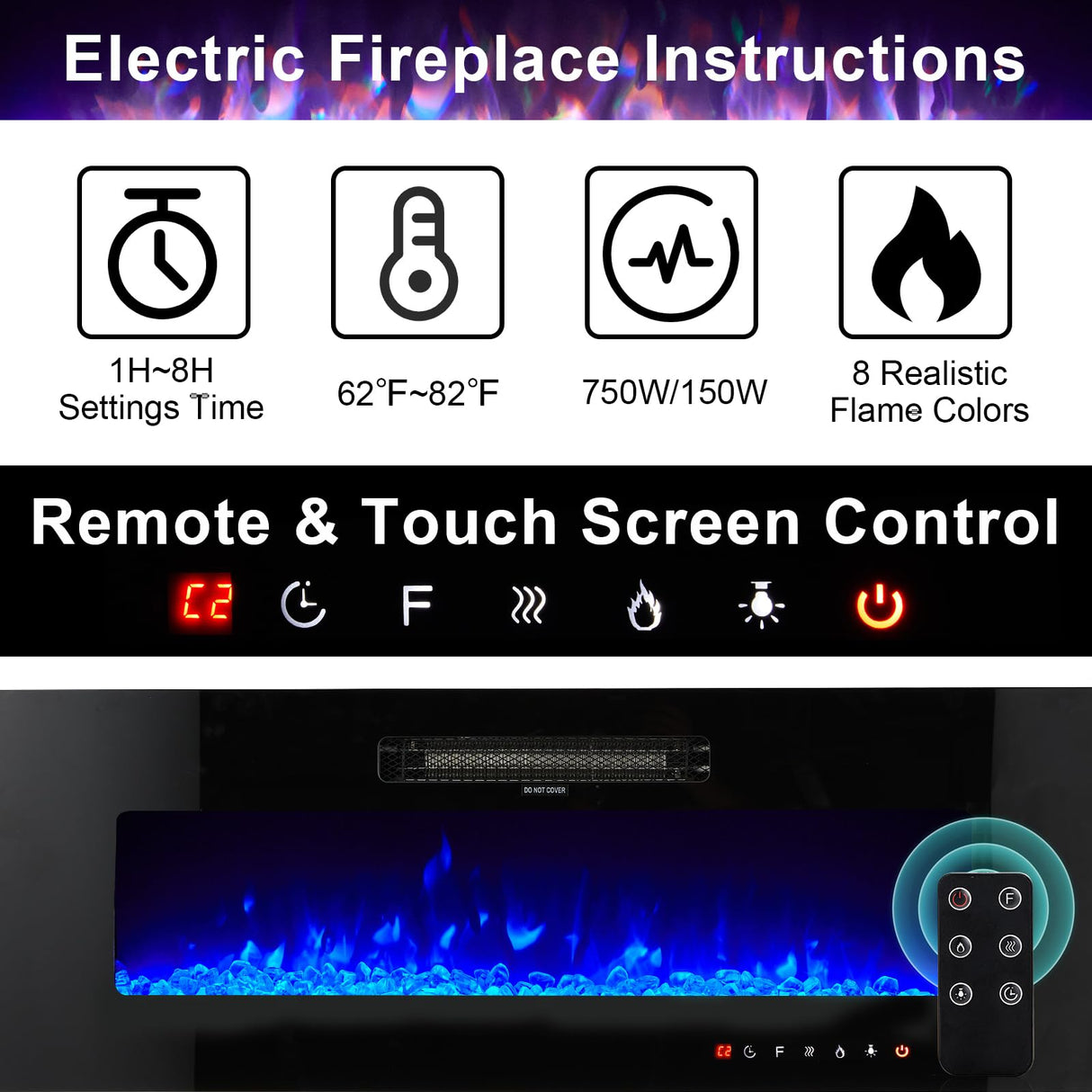 LUXOAK 80" Fireplace TV Stand, Modern High Gloss Finish Media Console with 40" Electric Fireplace, Open Storage Entertainment Center for TVs Up to 90" with LED Lights, Black LUXOAK