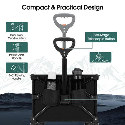 140L Collapsible Folding Wagon Cart with 330lbs Resting Weight Capacity, Heavy Duty Garden Cart with All-Terrain&Brake Wheel, Foldable Utility Wagon with Side Pocket for Groceries Camping,Black