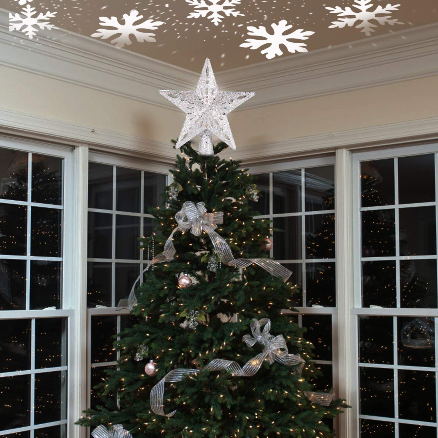 DG-Direct Christmas Tree Topper Lighted Star [Silver],3D Hollow Sparkling Star Christmas Tree Topper with Rotating Magic Cool White Snowflake Projector for Christmas Tree Ornament (Silver)