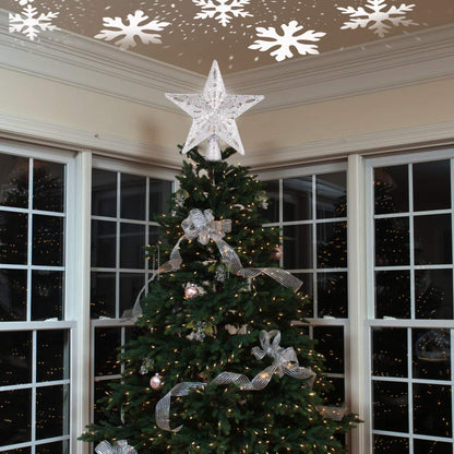 DG-Direct Christmas Tree Topper Lighted Star [Silver],3D Hollow Sparkling Star Christmas Tree Topper with Rotating Magic Cool White Snowflake Projector for Christmas Tree Ornament (Silver)