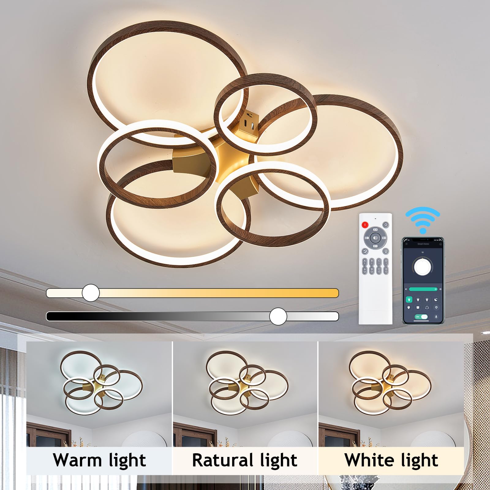 Boho Flush Mount Ceiling Light Fixture Wood Grain Modern LED Chandelier Dimmable with Remote Control wooden and Gold Ceiling Lamp for Kitchen Bedroom Living Room Dining Room Office - WoodArtSupply