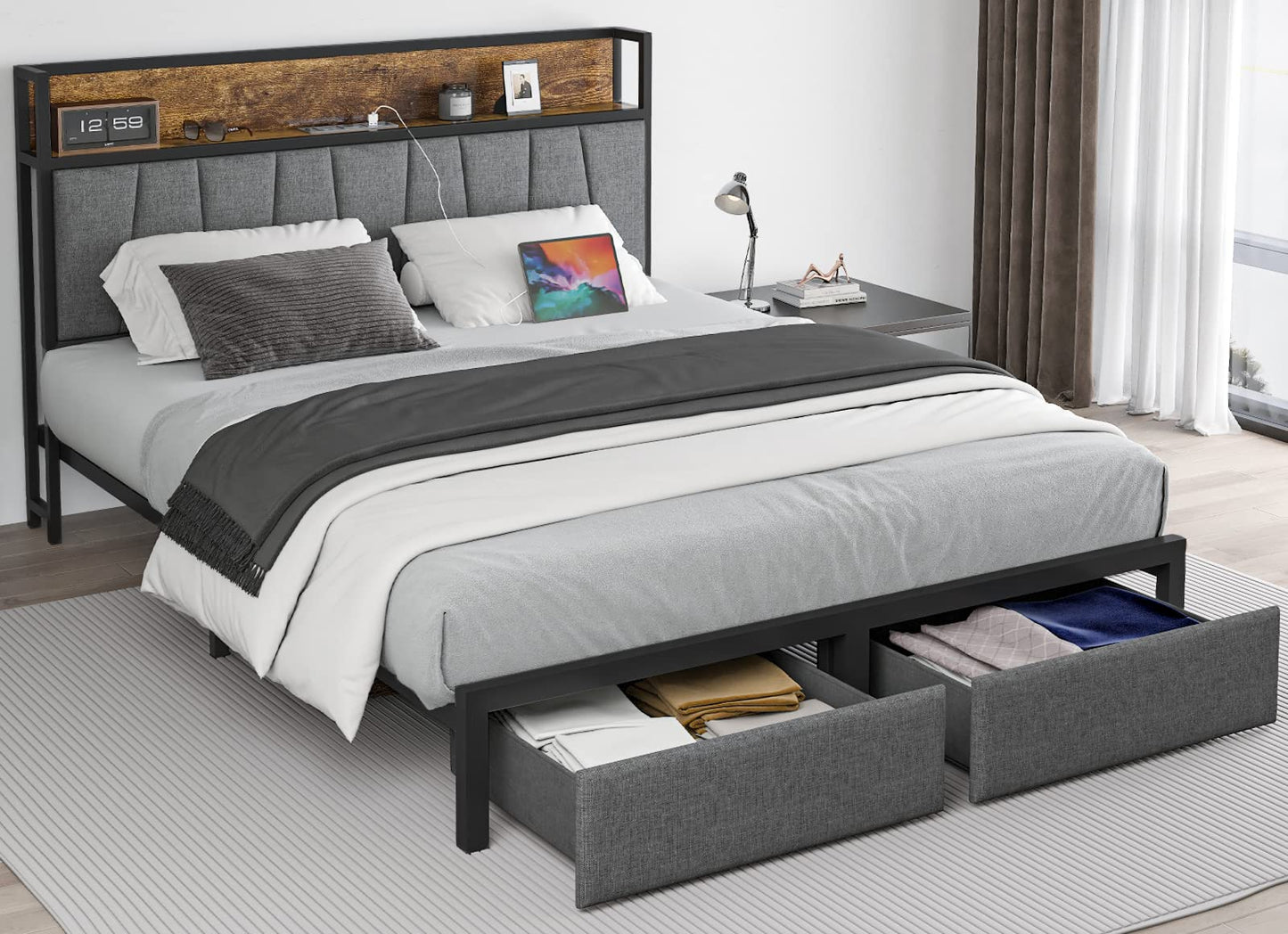 CIKUNASI Heavy Duty Full Size Bed Frame with Headboard, Storage Drawers, and LED Charging Station - WoodArtSupply