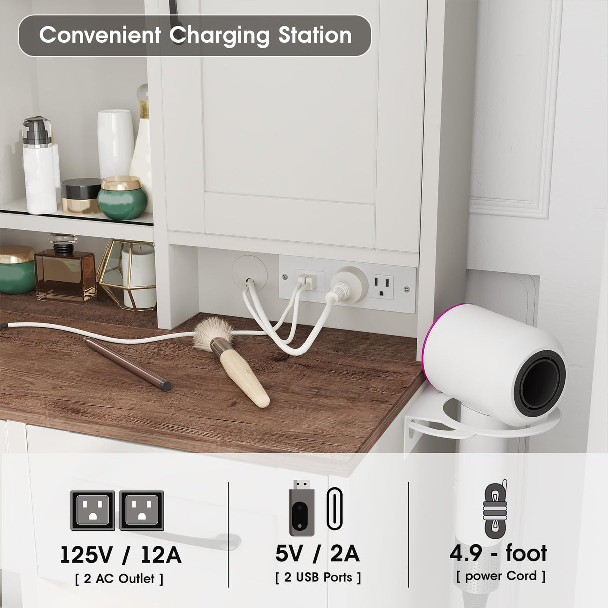 Maupvit Vanity Desk with Mirror and Lights, Makeup Table with Drawers & Jewelry Cabinet, Large Vanity with Storage, Bedroom Dressing Table (White) Maupvit