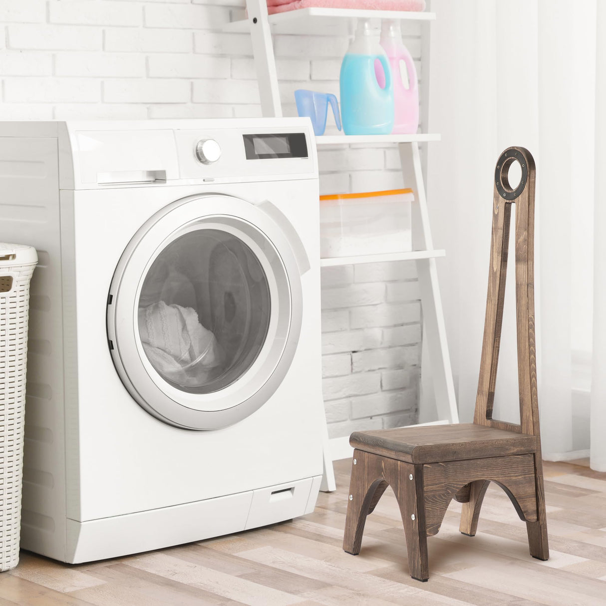 Heavy Duty Wooden Step Stool with Handle, Besuerte Vintage Step Stool with 32.75" Tall Handle for Bathroom, Kitchen, No Need to Bend Your Back to Pick Up Single Step Stool (Walnut) Besuerte