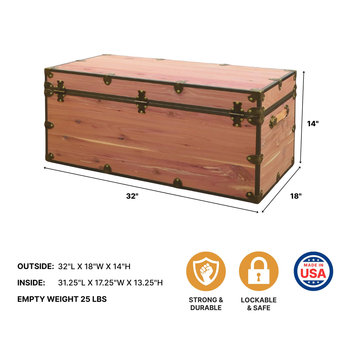 Rhino Trunk & Case Knotty Cedar Chest with Antique Brass Hardware – 32"x18"x14" Large Storage Box, Coffee Table, End of Bed Trunk or Entryway Storage Bench Furniture – USA-Made, Heirloom Aesthetic Rhino Trunk & Case
