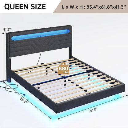 BTHFST Queen Floating Bed Frame with RGB LED Lights Headboard, USB-C/A Power Combo, Linen Upholstered Platform Bed with Storage Headboard, Innovative Stable Structure, Dark Gray