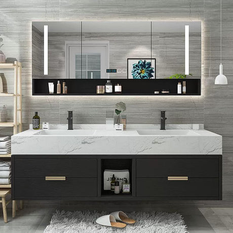 TIZAZO Bathroom Vanity with Double Sink - 72IN Bathroom Sink Vanity with One - Button Defogging & Human Body Sensor Light | 4 Drawers, Black TIZAZO