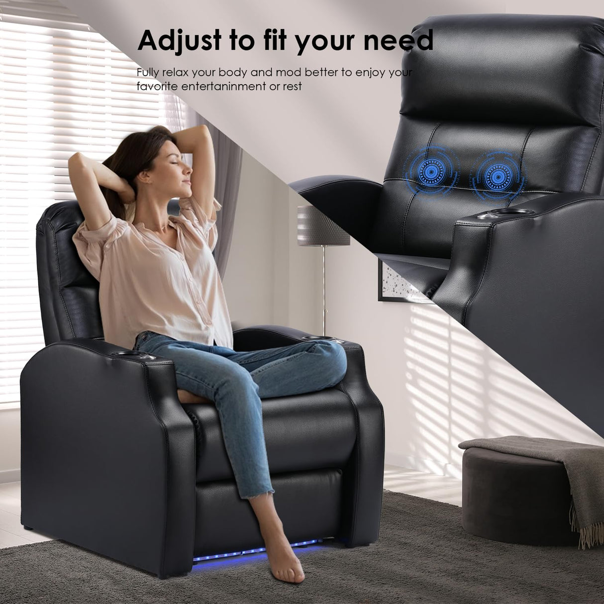 Hasaky Leather Home Theater Seating Recliner Chair with Power Footrest Single Sofa for Movie Room & Living Room Single Chair Black Hasaky