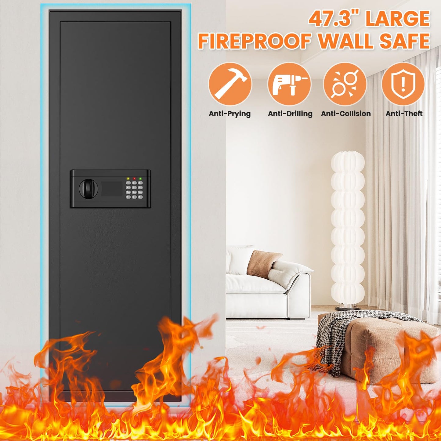 47.3" Tall Fireproof Wall Safes Between the Studs 16" Centers, Large Hidden Flush Wall Safe with 4 Removable Shelf & 6 Key Hooks, 48LB Heavy Duty Gun Safes for Home Rifle and Pistols, Money, Jewelry