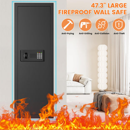 47.3" Tall Fireproof Wall Safes Between the Studs 16" Centers, Large Hidden Flush Wall Safe with 4 Removable Shelf & 6 Key Hooks, 48LB Heavy Duty Gun Safes for Home Rifle and Pistols, Money, Jewelry