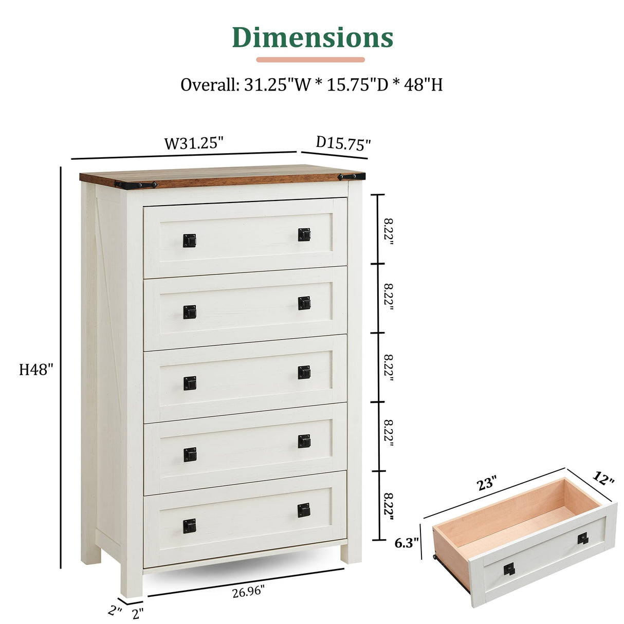 RedLemon Farmhouse 5 Drawer Dresser, 48" Tall Rustic Chest of Drawers, Wood Dresser for Bedroom, Living Room, Hallway, Antique White RedLemon