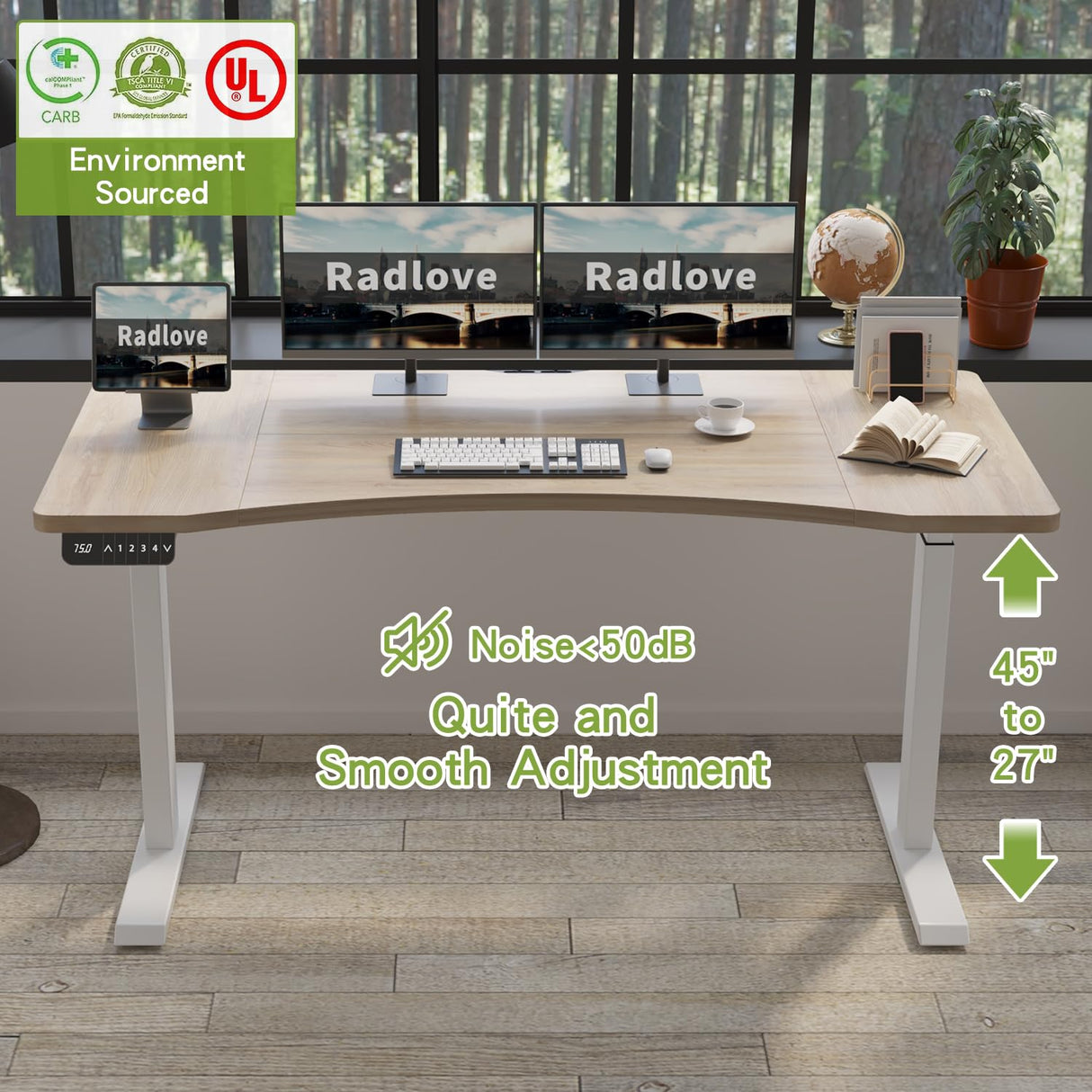 Radlove Dual Motors Height Adjustable 63 x 30'' Electric Standing Desk with Curved Design Stand Up Table 4 Memory Keys, Computer Desk with Splice Board Home Office Desk, Oak Top + White Frame Radlove