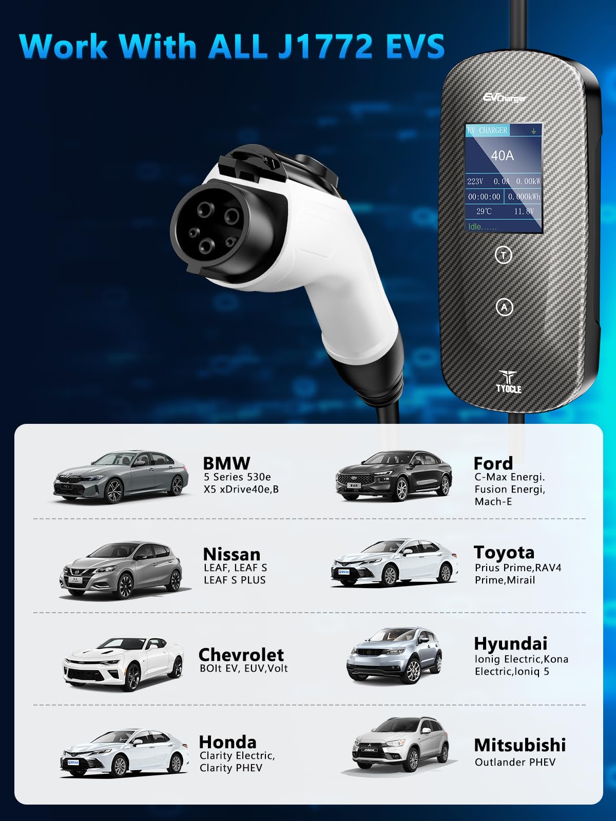 2025 New Portable Level 2 EV Charger (40Amp, 240V, NEMA 14-50P) with 23 Ft Cable. The Mobile Electric Vehicle Equipment Works Home Car Charging, Offering Charging for EV Model Tyocle