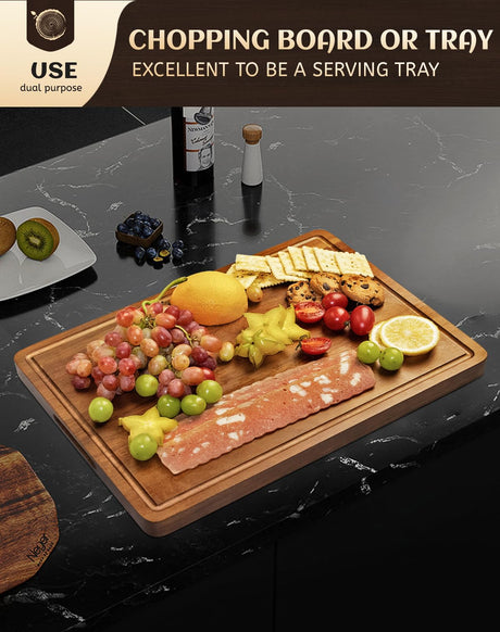 Large Cutting Board Wood for Kitchen, 17x12x1" Reversible Large Wooden Chopping Board Charcuterie boards with Juice Grooves and Side Handles, Ideal Misawce