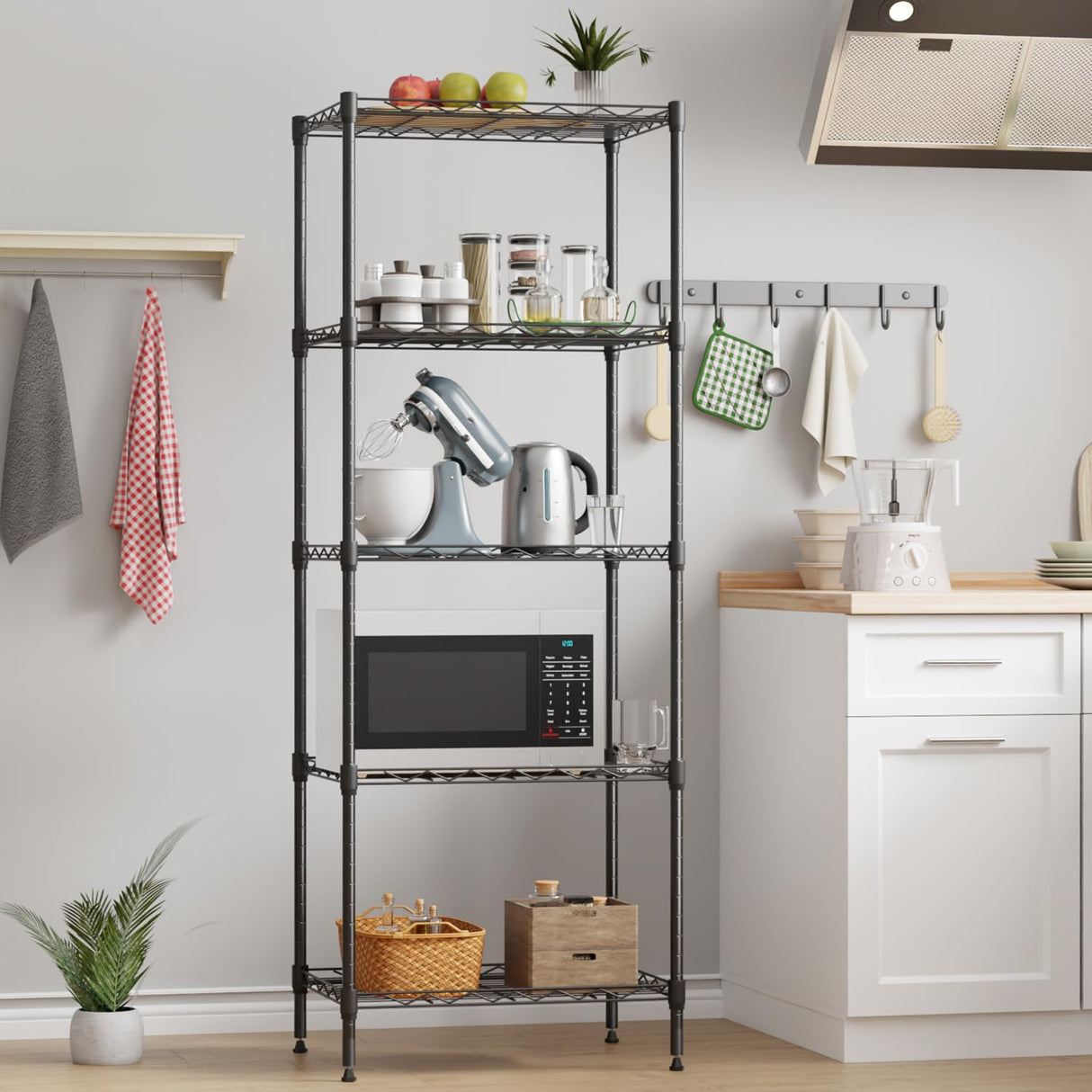 Metal Frame Storage Shelves 5-Tier Wire Shelving NSF Certified Storage Rack Shelf Heavy Duty Storage Shelf with Leveling Feet for Home Kitchen Garage, 12" Dx17 Wx48 H, Black FDW