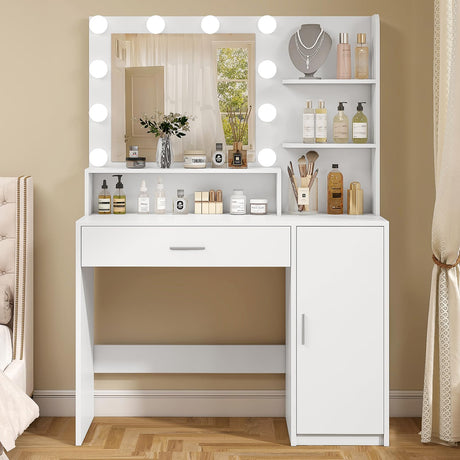 Quimoo Makeup Vanity Desk with Mirror and Lights, Vanity Desk with Large Drawer & Shelves & Cabinet, 3 Color Modes & Adjustable Brightness, Dressing Table Set for Bedroom,White Quimoo