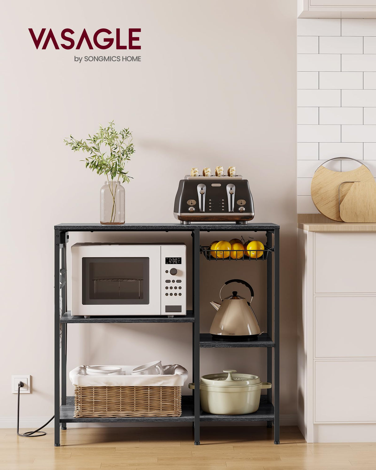 VASAGLE Baker's Rack, Coffee Bar Stand with Charging Station, Storage Shelves, Pull-Out Wire Basket, Table for Microwave, Kitchen, Charcoal Gray UKKS036B22, 15.7 x 35.4 x 35.6 Inches VASAGLE