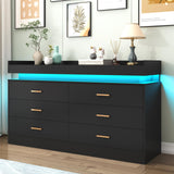 Hlivelood 6 Drawer Dresser with LED Light, Modern Chest of Drawers for Closet, Wide Drawer Organizer Cabinet for Bedroom, Living Room, Entryway, Hallway(Black) Hlivelood