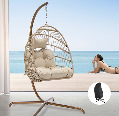 NICESOUL Indoor Outdoor Wicker Hanging Egg Chair with Stand, Cozy Patio Swing Hammock Egg Shell Chairs with Cushions, 350lbs Capacity Sturdy Porch Swing for Backyard Balcony, Beige with Cover